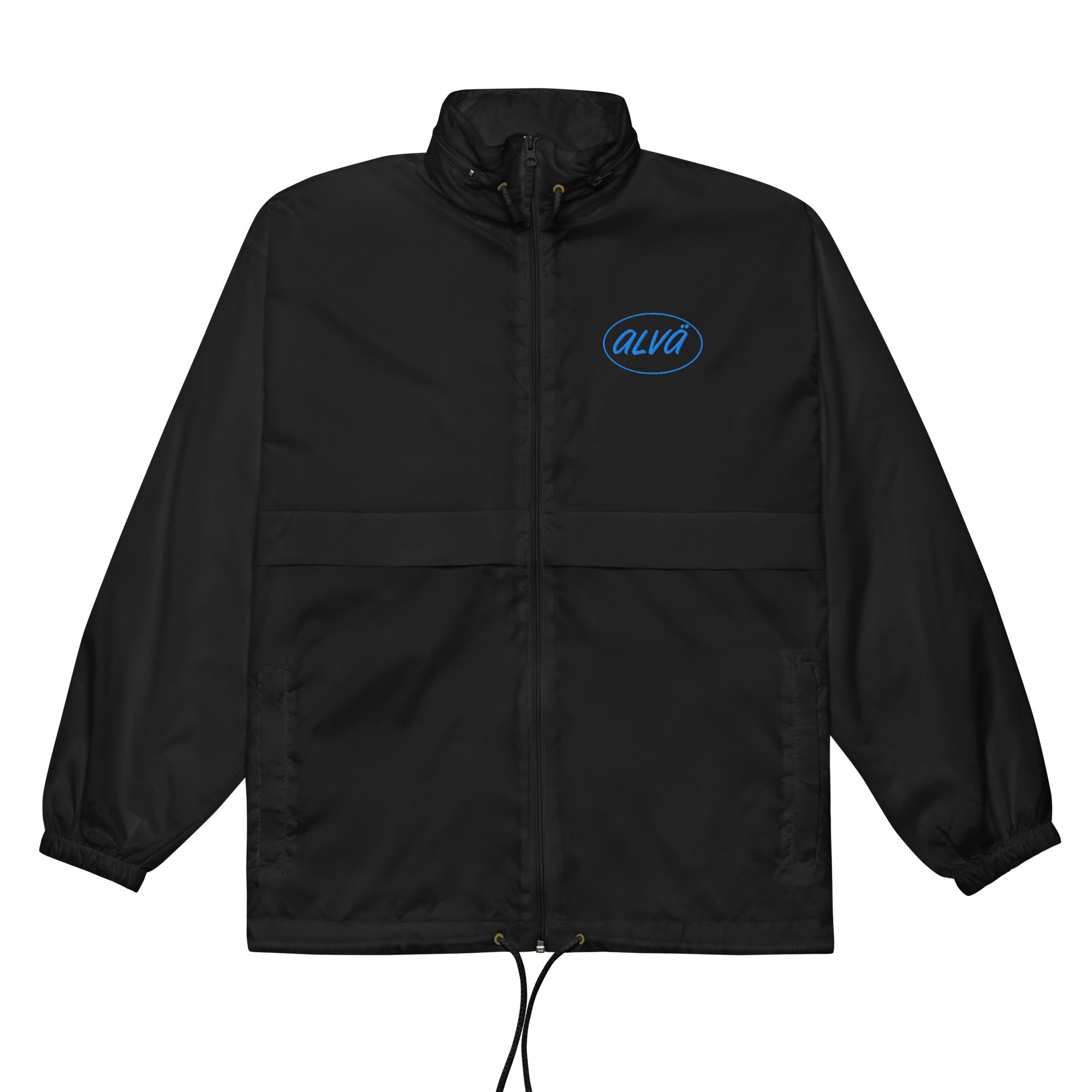 Black jacket with a blue ALVA logo on a white background