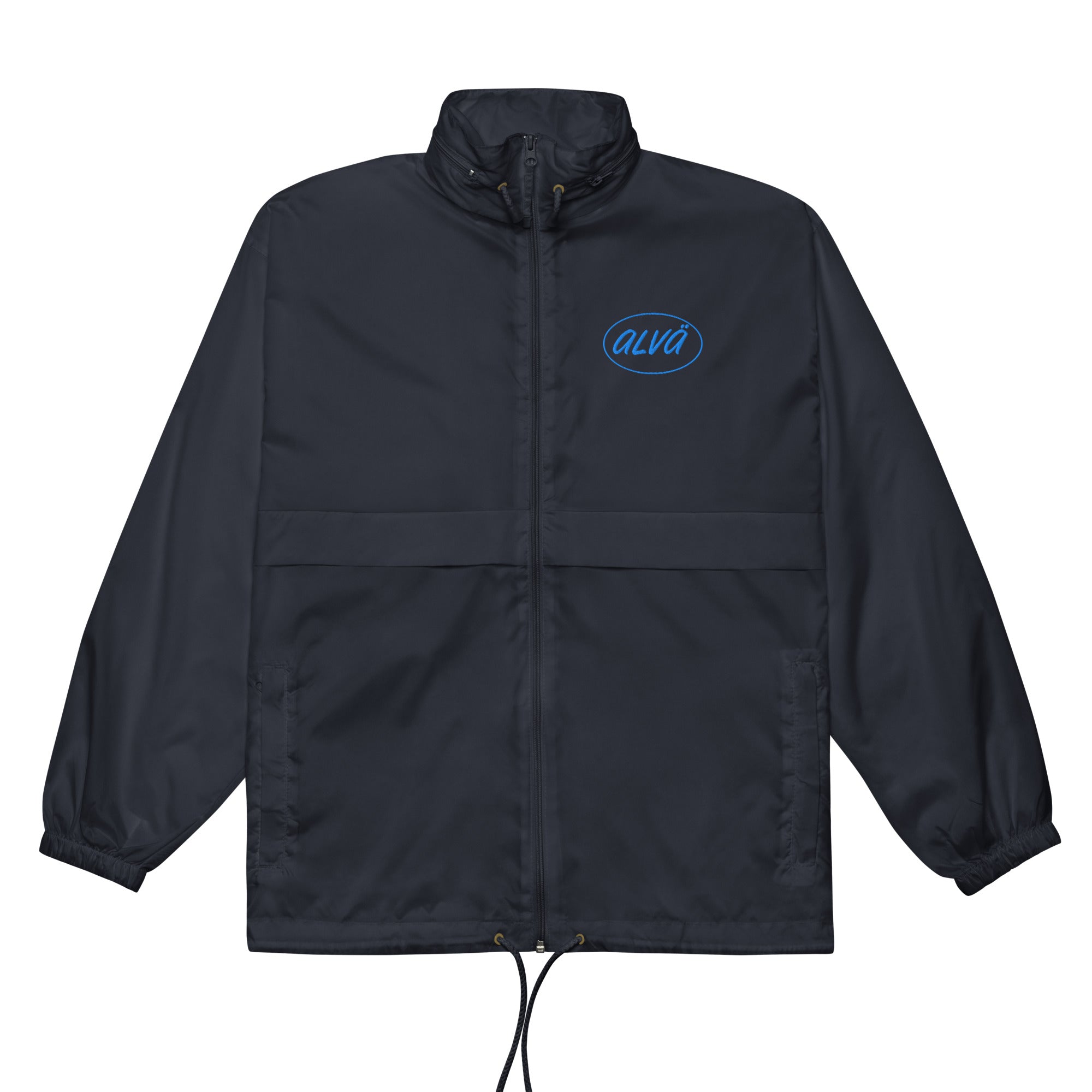 Black jacket with a blue logo on a white background