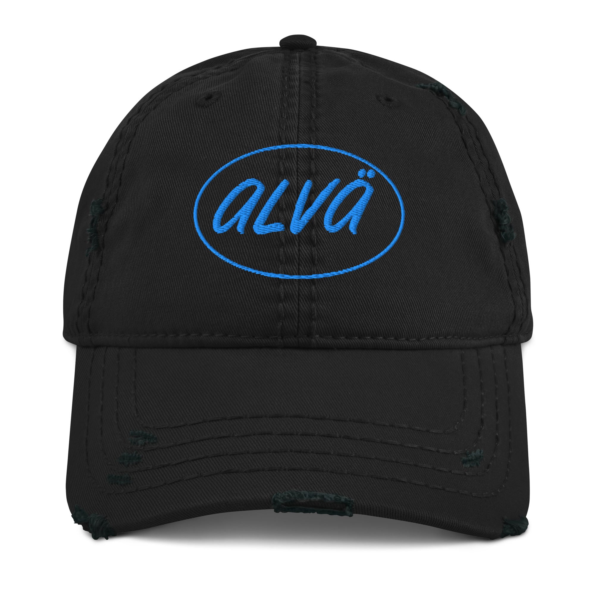Black cap with blue 'alva' logo on a white background