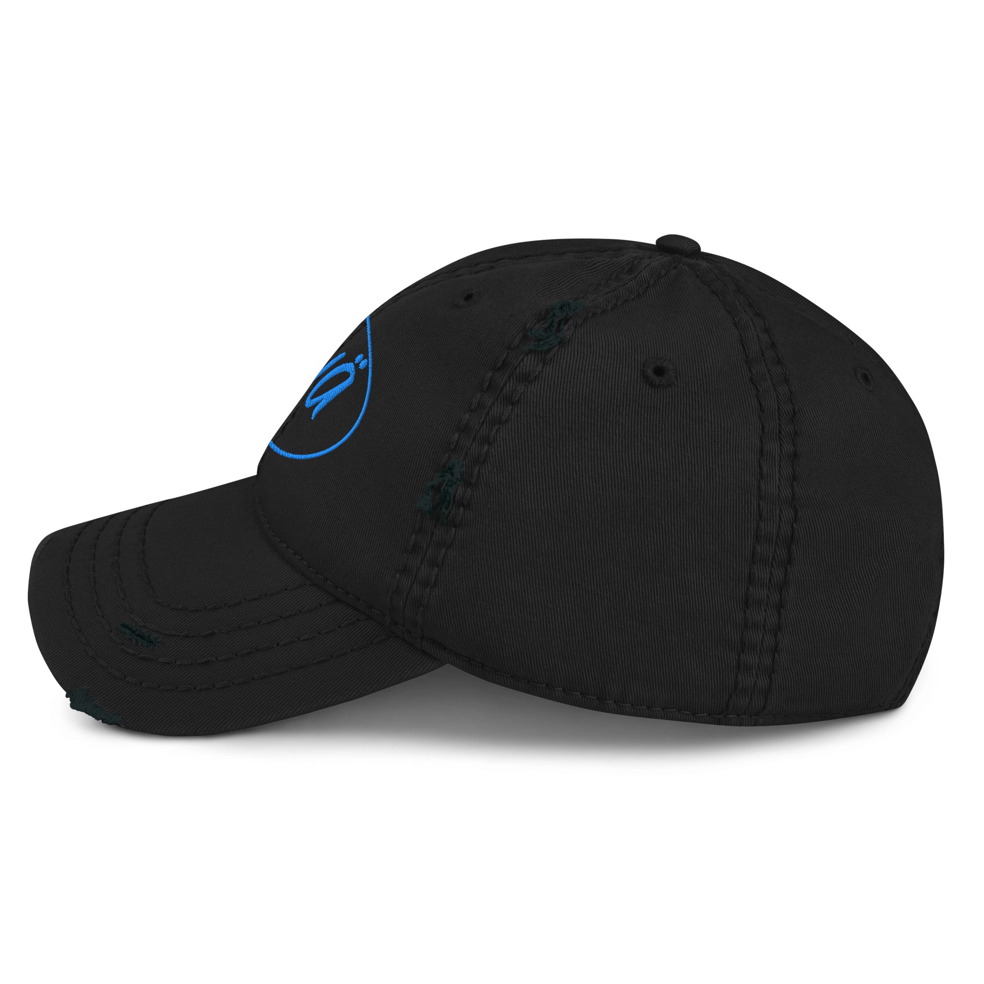 Black cap with a blue logo on a white background