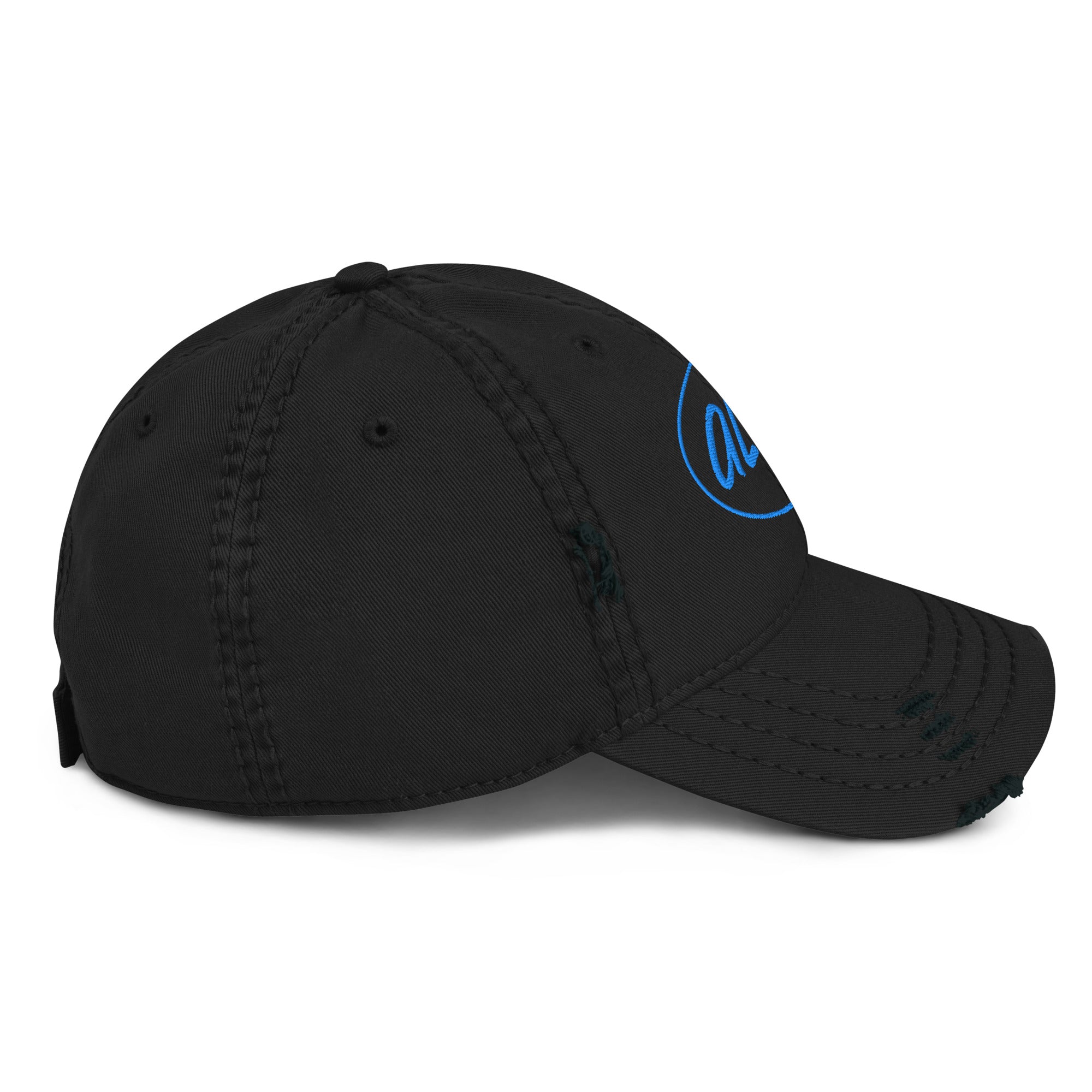 Black cap with a blue logo on a white background
