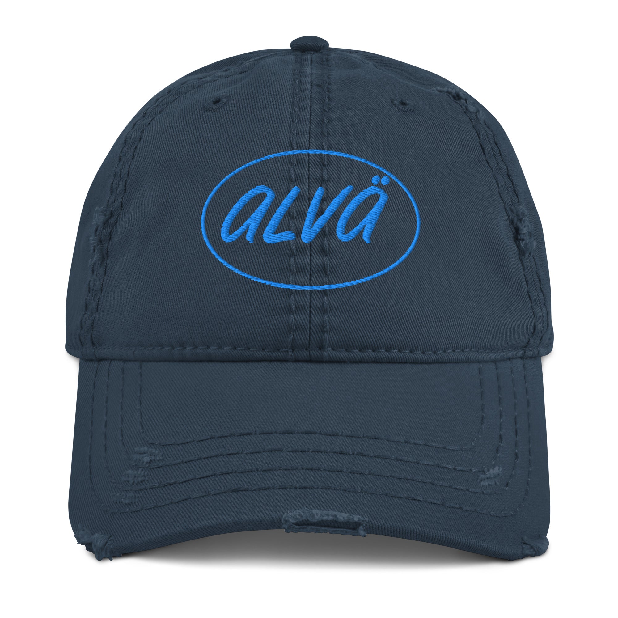 Navy blue cap with 'alva' logo on a white background