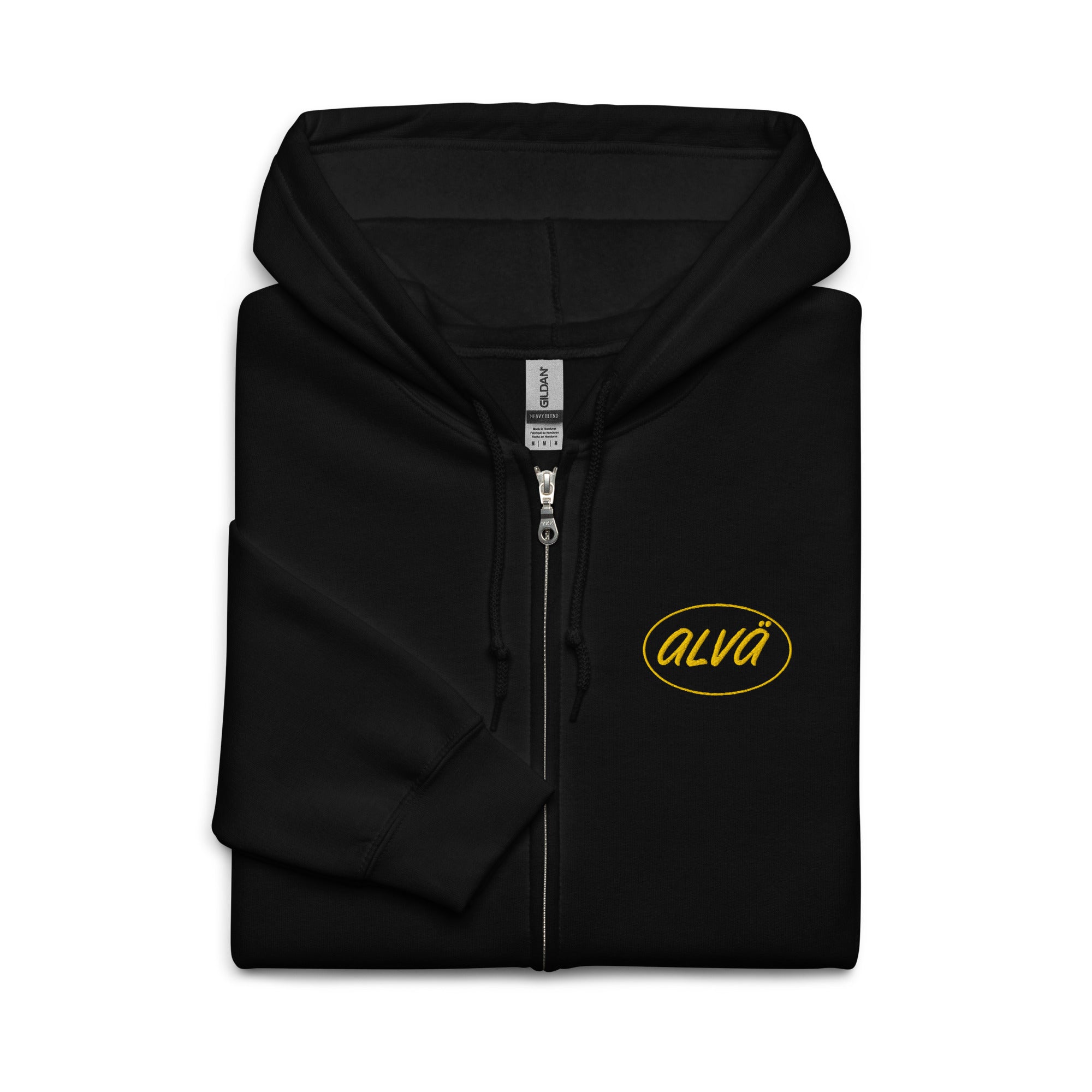 Black hoodie with yellow logo on a white background