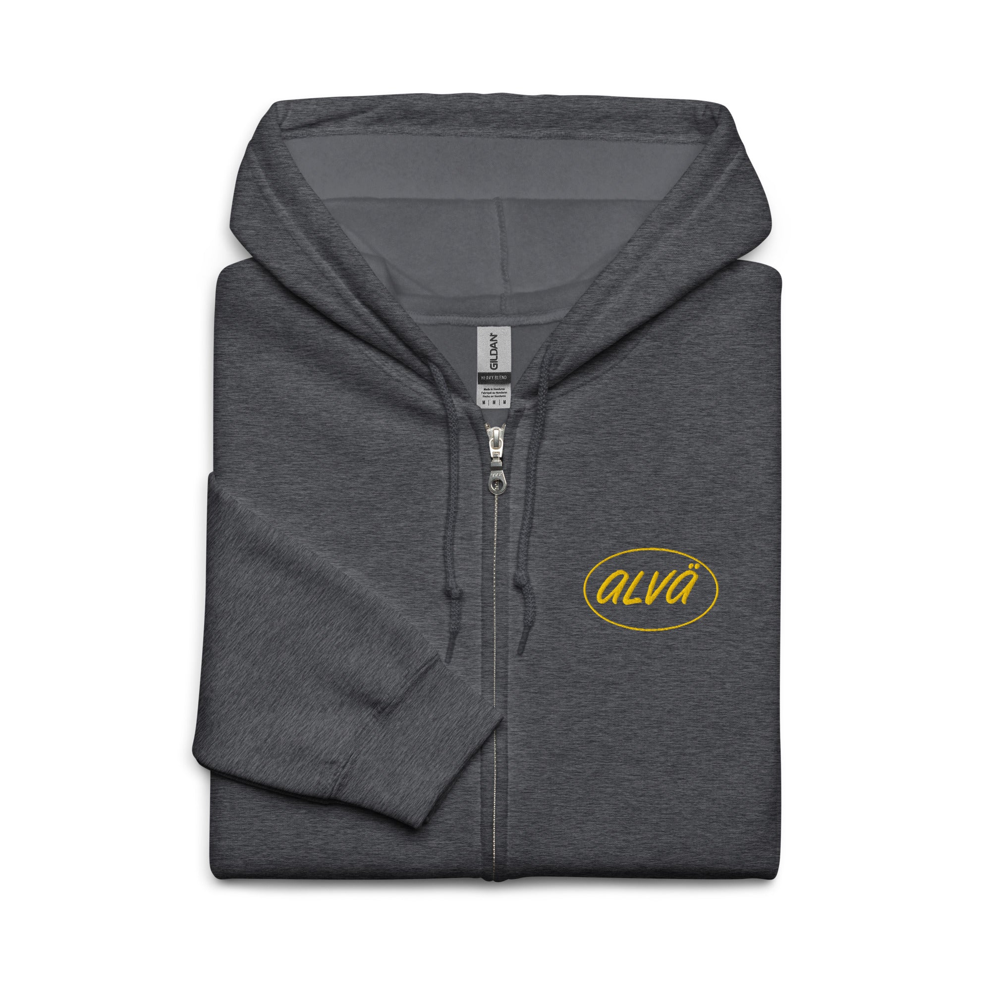 Folded gray hoodie with a yellow 'alva' logo on a white background