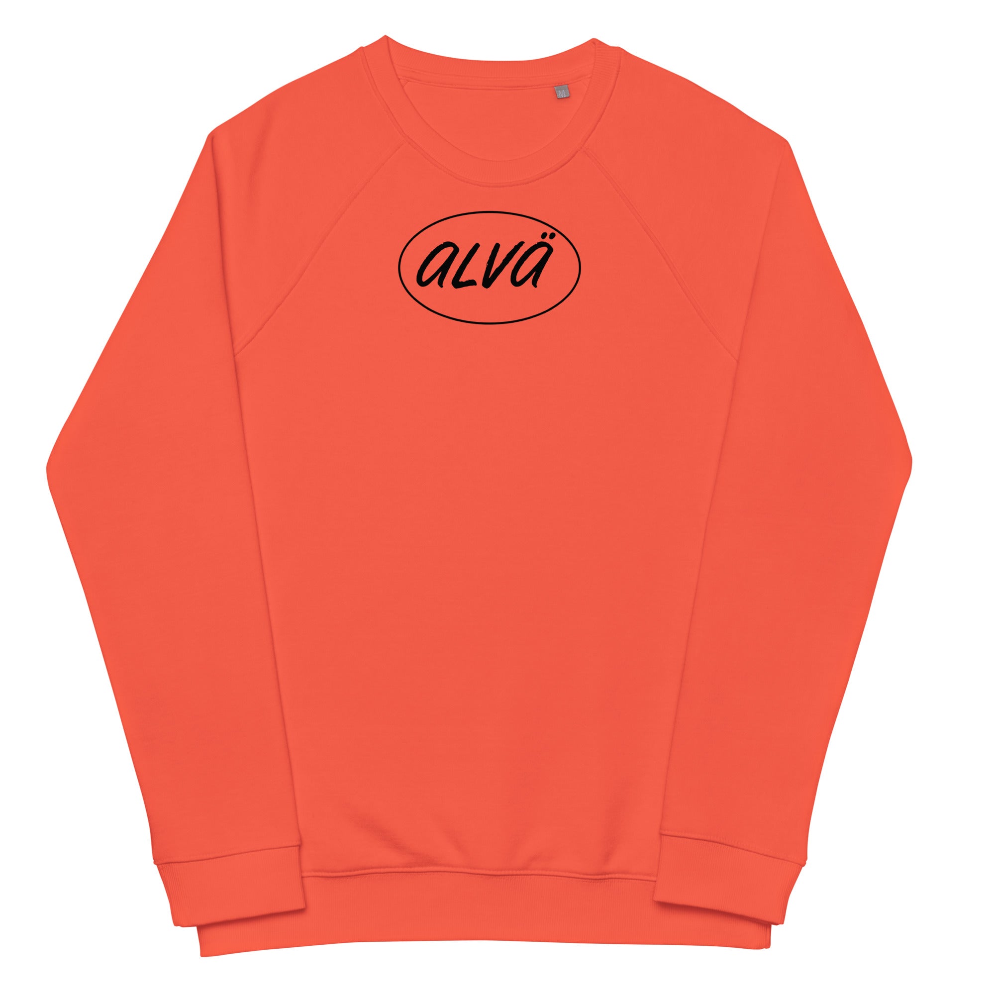 Orange sweatshirt with 'alva' logo on a white background