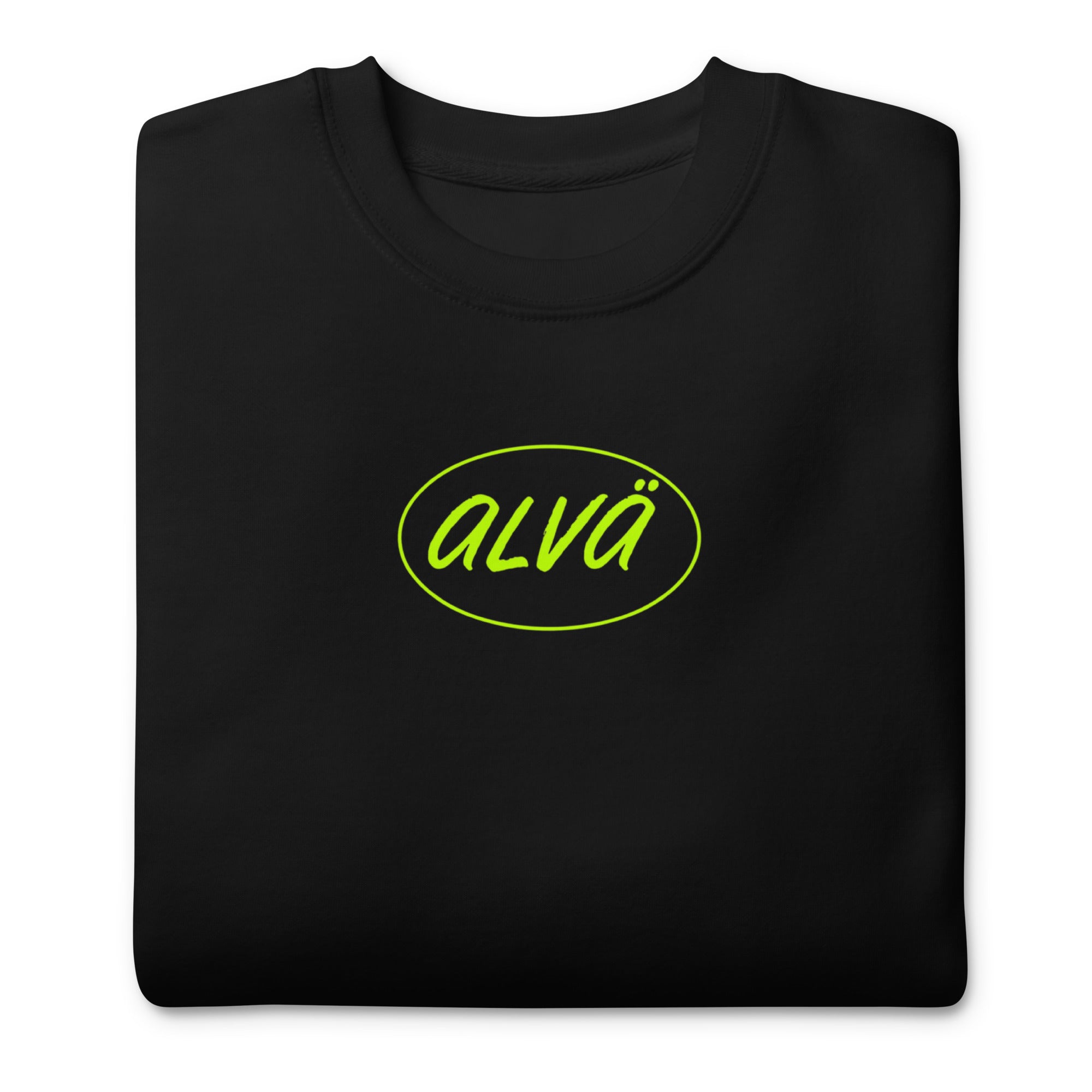 Black sweatshirt with yellow 'alva' logo on a white background