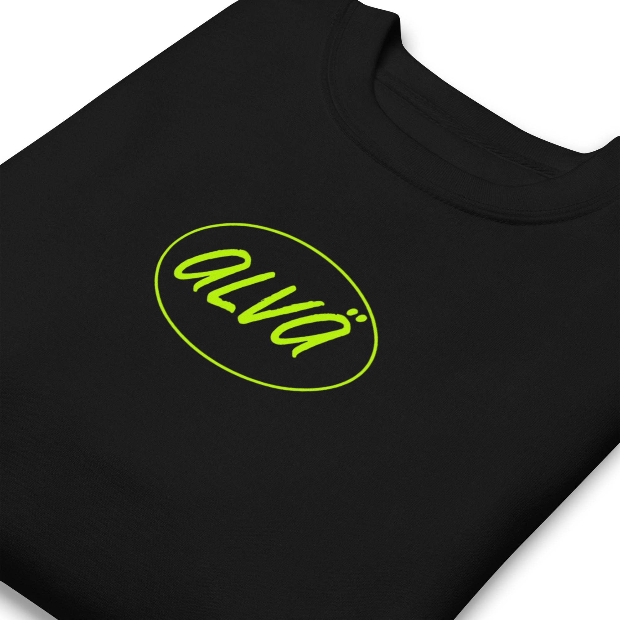 Black t-shirt with a green logo on a white background